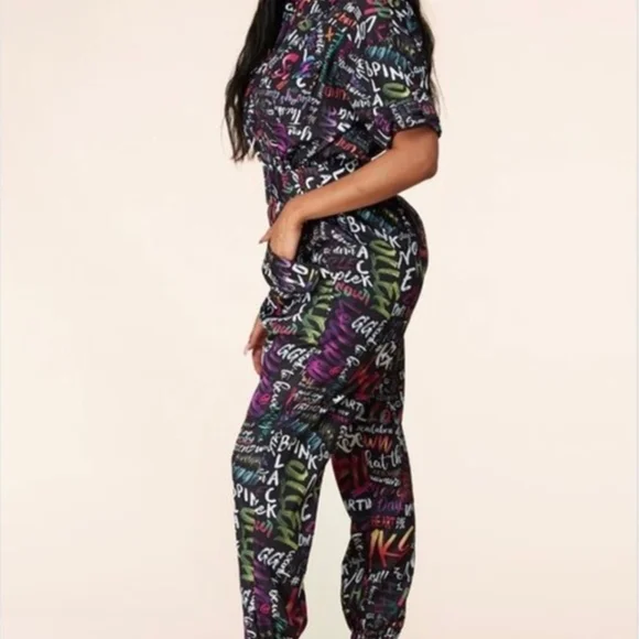 L'atiste Colorful Graffiti Print Full Length Belted Mechanic Style Jumpsuit - Picture 2 of 16
